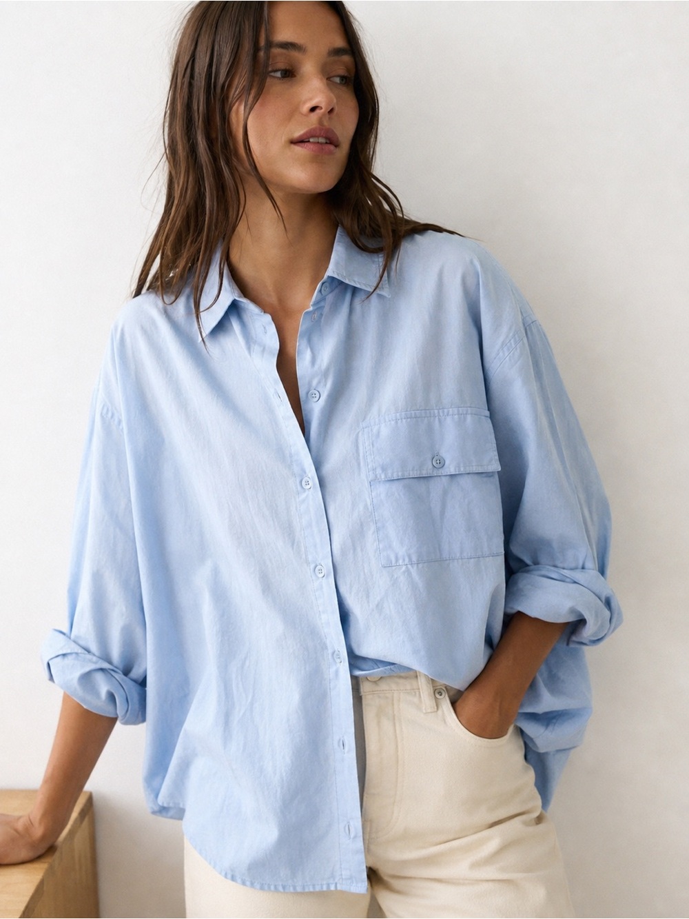 NWT VRG GRL June Blue Oversized Organic Cotton Button Up Shirt Sz 8
